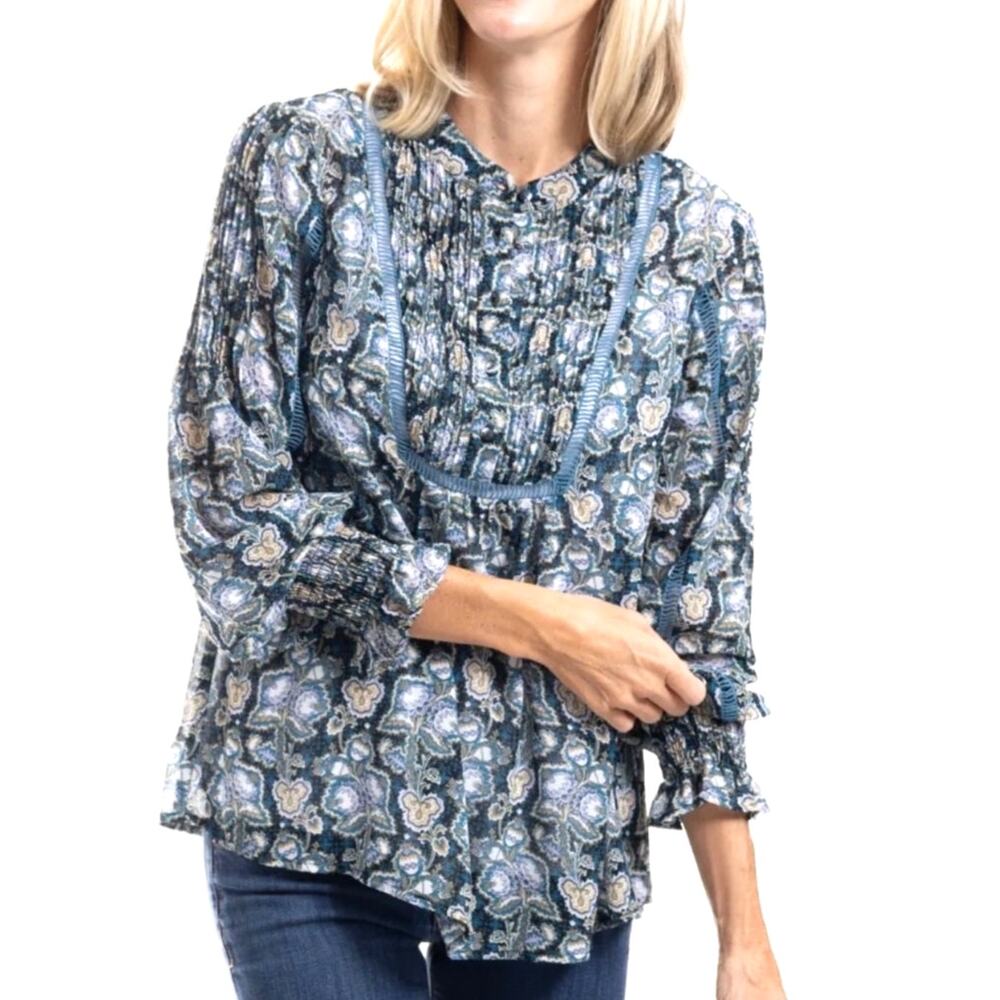Linda Anderson Blue Floral Chiffon Blouse Cut out Details Attached Cami Women XL